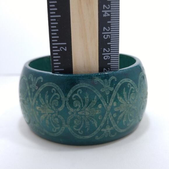Teal Green Etched Wide Wooden Bangle Bracelet, Women Wide Bangle, 8 Inches - Picture 5 of 8